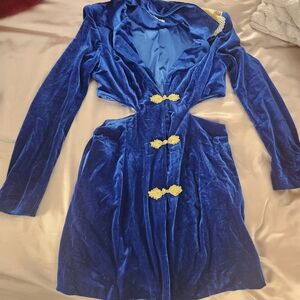SHEIN Cobalt Blue Velvet Dress with Gold Embellishments